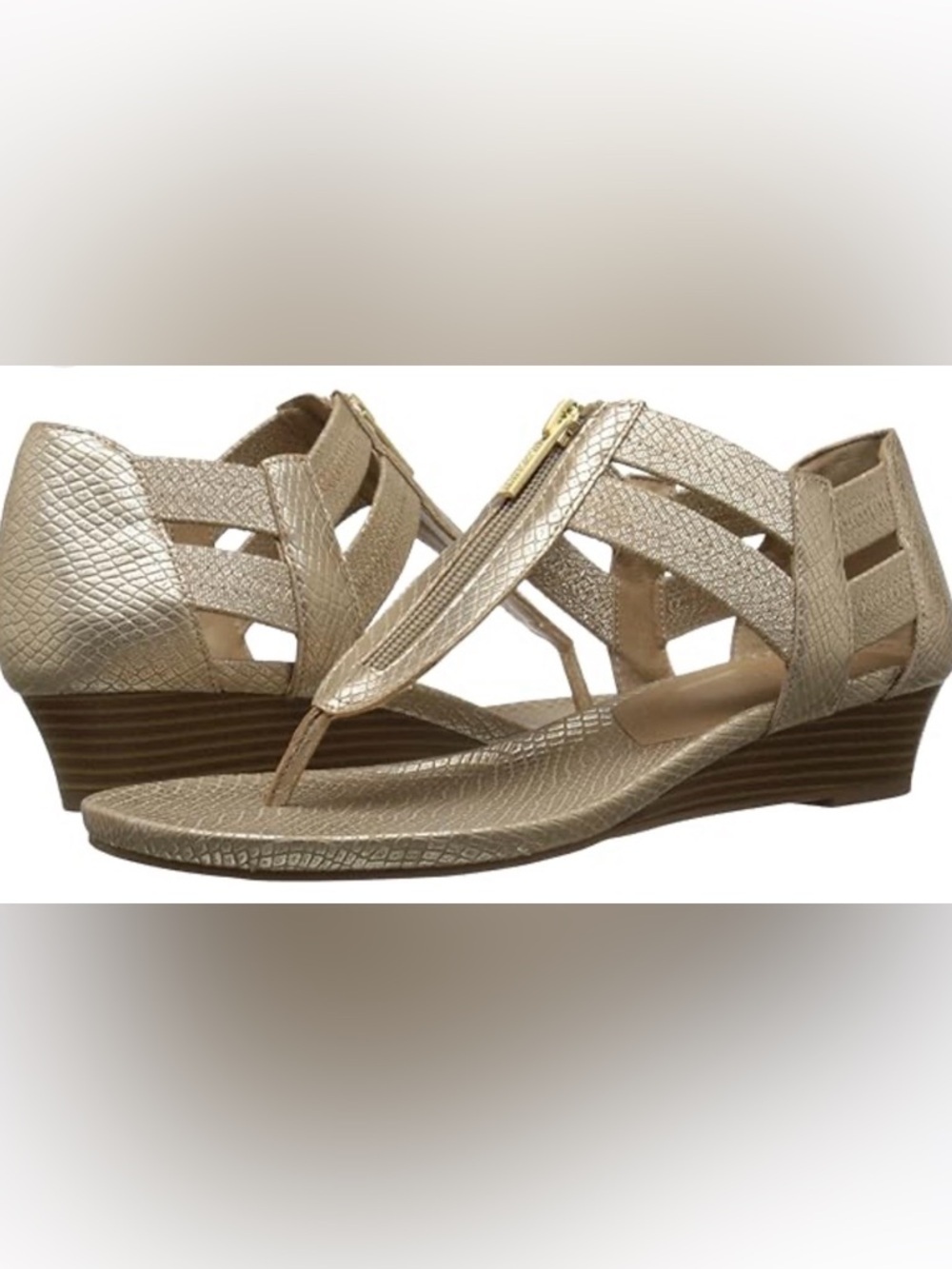 Kenneth Cole Reaction Metallic Gold T-Strap Wedge Sandals with Front Zip, Sz 9